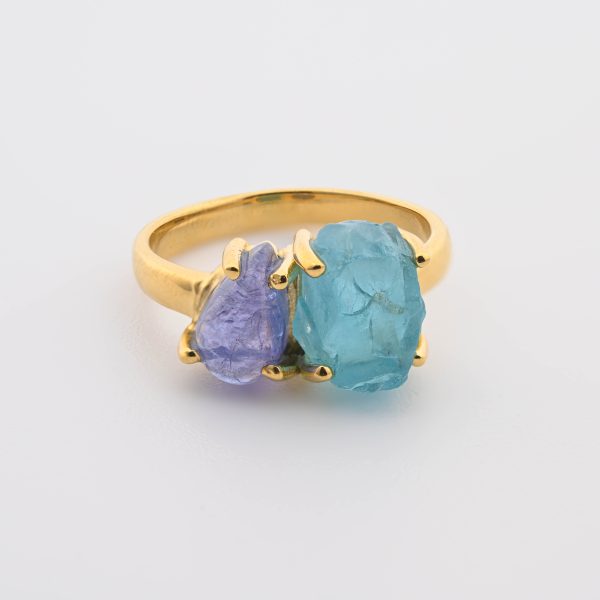 2-Stone Polished & Rough Stones On 18K Gold Vermeil 925 Ss Ring Tanzanite (Tanzania) & Blue Apatite (Madagascar) Size 6
