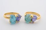 2-Stone Polished & Rough Stones On 18K Gold Vermeil 925 Ss Ring Tanzanite (Tanzania) & Blue Apatite (Madagascar) Size 6 - Image 2