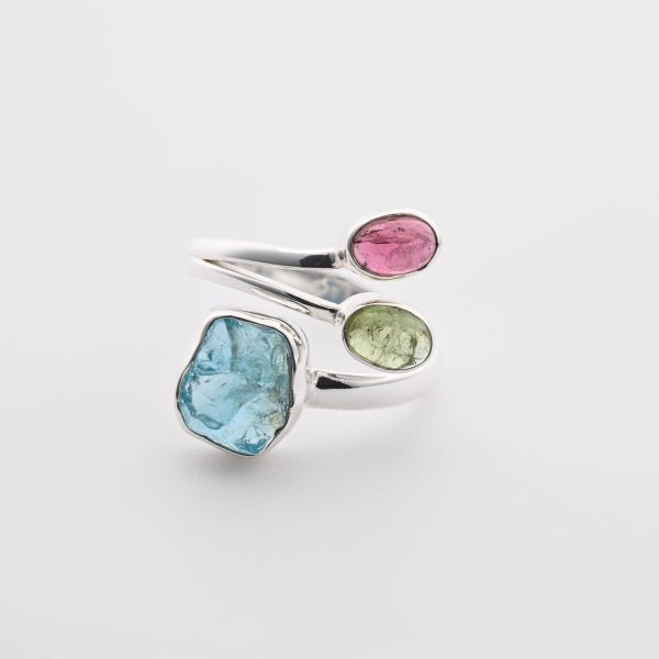 Blue Apatite ( Madagascar) Rough, Polished Vedelite & Rubellite Tourmaline Stones On .925 Ss Adjustable Ring Size 7
