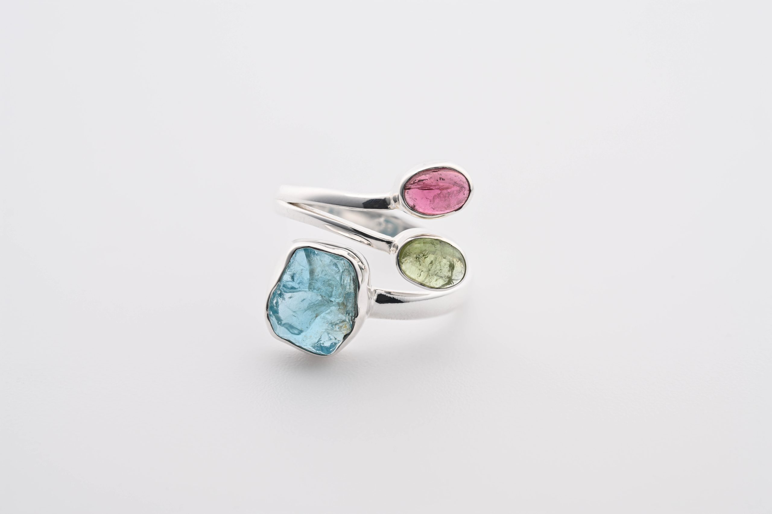 GPTBA-7.5-7.25-7-PINK-TOURMALINE-GREEN-TOURMALINE-BLUE-APATITE-RING-ADJUSTABLE-PINK-GREEN-BLUE-BRAZIL-MADAGASCAR-ROUGHT-POLISHED-FRONT-BAREFOOT-NATIVE.jpg Blue Apatite ( Madagascar) Rough, Polished Vedelite & Rubellite Tourmaline Stones On .925 Ss Adjustable Ring Size 7 - Image 1