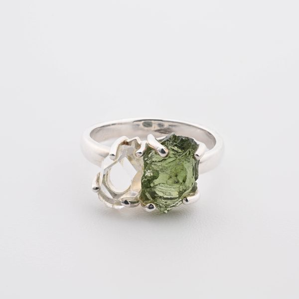 Double Stone Rough Moldavite Tektite (Czech Rep.) & Herkimer Diamond Quartz (Ny, Usa) On 0.925 Sterling Silver Ring Size - 4.75