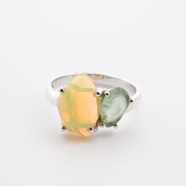 Green Kyanite Polished Teardrop (Brazil) & Welo Opal (Ethiopia) Polished Stones On Double 4-Prong 0.925 S.S. Setting Ring 6.75