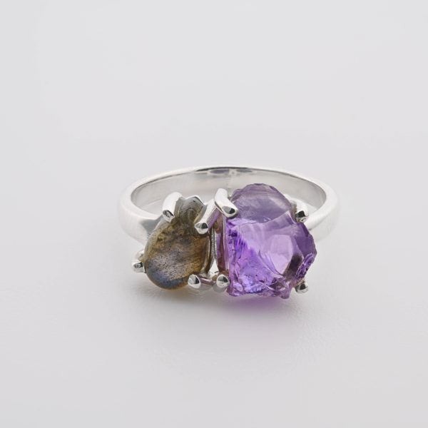 Double Stone Polished Labradorite (Madagascar) & Rough Amethyst (Brazil) On 0.925 Sterling Silver Ring Size - 7
