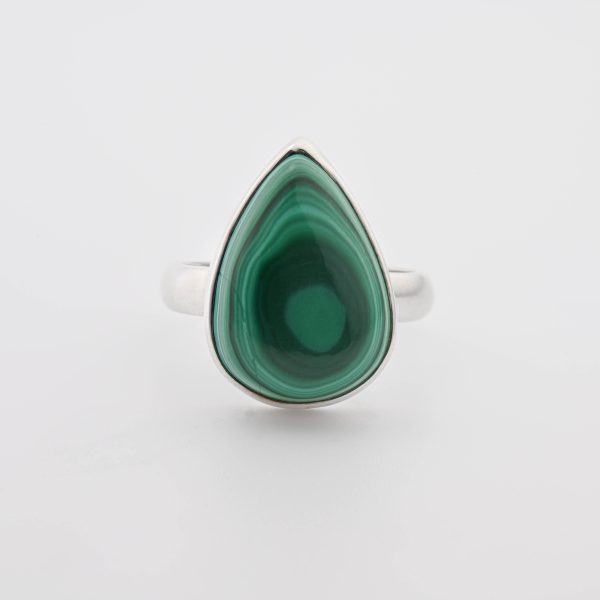 Malachite Bull'S Eye (Congo) Large Polished Pear Stone On 0.925 Sterling Silver Ring Size - 8.25