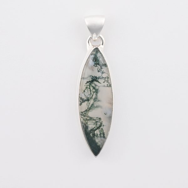 Moss Agate (India) Polished Stone on 0.925 Sterling Silver Pendant - Large Maquise Stone