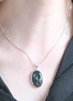 Moss Agate (India) Polished Stone on 0.925 Sterling Silver Pendant - Large Oval Stone - Image 7