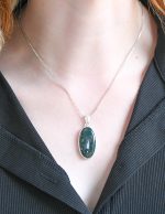 Moss Agate (India) Polished Stone on 0.925 Sterling Silver Pendant - Large Oval Stone - Image 5