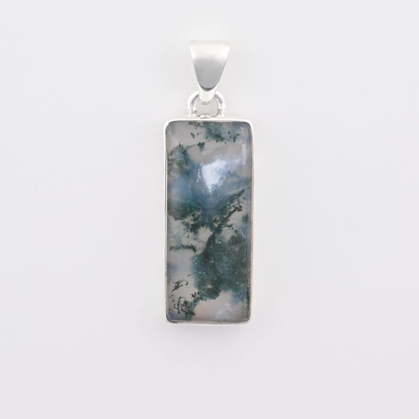 Moss Agate (India) Polished Stone on 0.925 Sterling Silver Pendant - Large Rectangular Stone