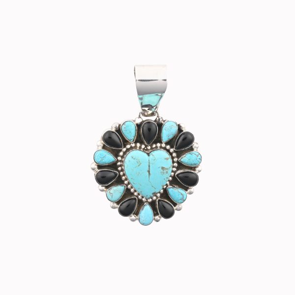 Manassa Turquoise & Black Onyx Heart & 7 Pear/5 Oval Stones On .925 Ss Pendant By Myron Begay/Renae Frank (Navajo)