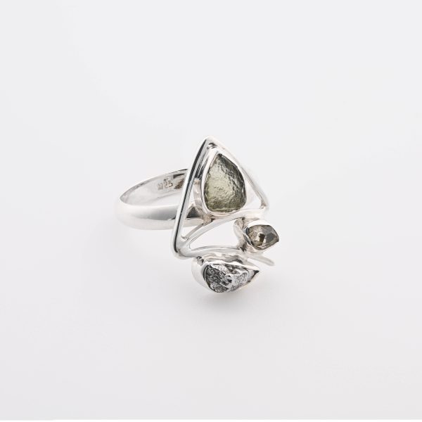 Triple Rough Stones (Moldavite-Cze, Herkimer Diamond-Ny, Usa, Campo Del Cielo Meteorite-Arg) On .925 Ss Triangle Ring Size 8.25
