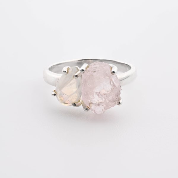 Double Stone Polished Rainbow Moonstone (India) & Rough Morganite (Brazil) On 0.925 Sterling Silver Ring Size - 7.75