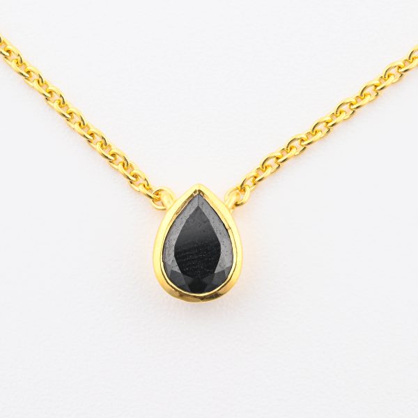 Faceted Stone On 18K Gold Vermeil .925 Ss 15" Necklace Black Spinel (India) Pear Stone