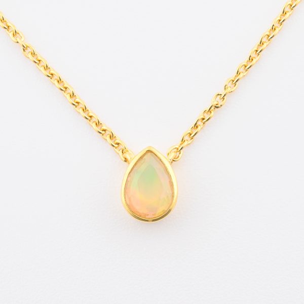 Faceted Stone On 18K Gold Vermeil .925 Ss 15" Necklace Welo Opal (Ethiopia) Pear Stone