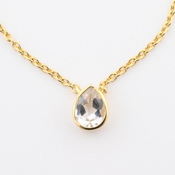 Faceted Stone On 18K Gold Vermeil .925 Ss 15" Necklace White Topaz (Brazil) Pear Stone