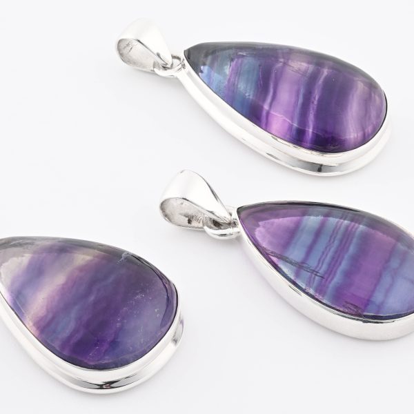 Rainbow Fluroite (Brazil) Polished Stone on 0.925 Sterling Silver Pendant - Pear Stone