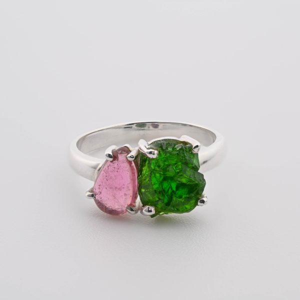Double Stone Polished Rubellite (Brazil) & Rough Chrom Diopside (Siberia) On 0.925 Sterling Silver Ring Size - 6