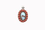 Red Italian Coral (16 Pear) & Golden Hill Turquoise Oval Stones On .925 Ss Cluster Pendant By Lucinda Whitegoat (Navajo)