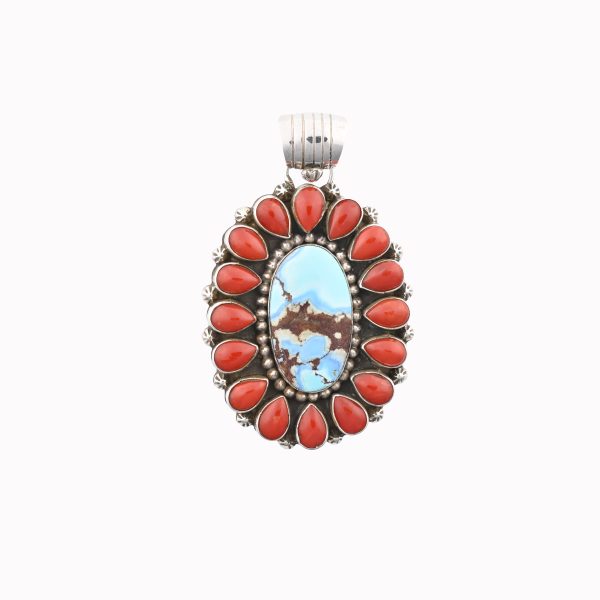 Red Italian Coral (16 Pear) & Golden Hill Turquoise Oval Stones On .925 Ss Cluster Pendant By Lucinda Whitegoat (Navajo)