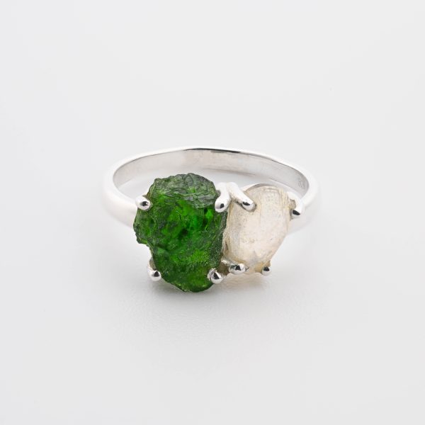 Double Stone Polished Rainbow Moonstone (India) & Rough Chrom Diopside (Siberia) On 0.925 Sterling Silver Ring Size - 7