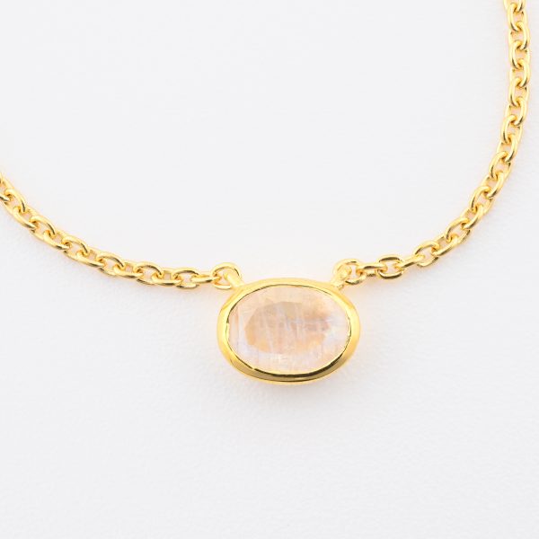 Faceted Stone On 18K Gold Vermeil .925 Ss 15" Necklace Rainbow Moonstone (India) Brilliant Oval Stone
