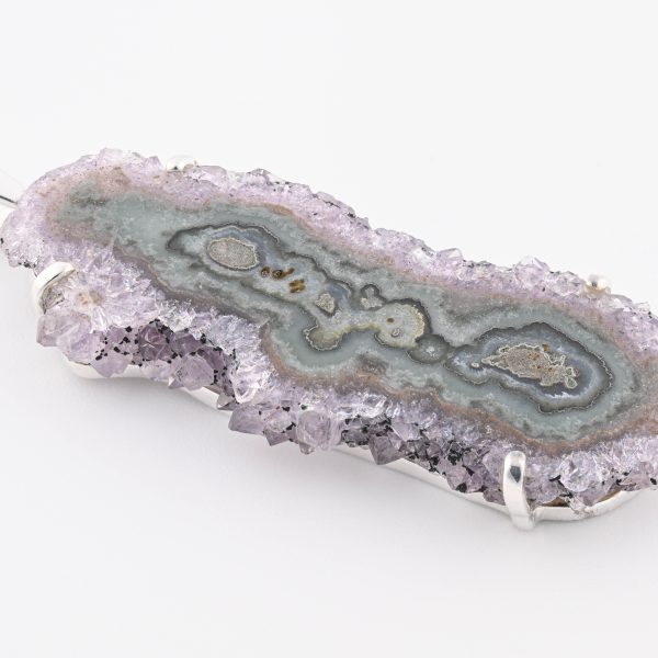 Amethyst Quartz (Uruguay) Rough Stalactite Slice Flower Stone on 4-Prong 0.925 Sterling Silver Pendant