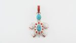 Red Web Kingman Turquoise 2 Cabachons & Red Italian Coral Inlay Stones On 0.925 Sterling Silver Turtle Pendant By Vernon C. Haskie - Navajo - Image 2