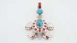 Red Web Kingman Turquoise 2 Cabachons & Red Italian Coral Inlay Stones On 0.925 Sterling Silver Turtle Pendant By Vernon C. Haskie - Navajo
