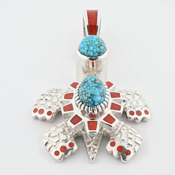 Red Web Kingman Turquoise 2 Cabachons & Red Italian Coral Inlay Stones On 0.925 Sterling Silver Turtle Pendant By Vernon C. Haskie - Navajo