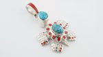 Red Web Kingman Turquoise 2 Cabachons & Red Italian Coral Inlay Stones On 0.925 Sterling Silver Turtle Pendant By Vernon C. Haskie - Navajo - Image 3