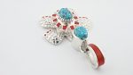 Red Web Kingman Turquoise 2 Cabachons & Red Italian Coral Inlay Stones On 0.925 Sterling Silver Turtle Pendant By Vernon C. Haskie - Navajo - Image 4