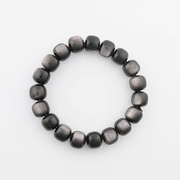 Silver Sheen Obsidian Beaded Bracelet 12Mm Square Round Beads On 8.5" Elastic Strand From Mexico