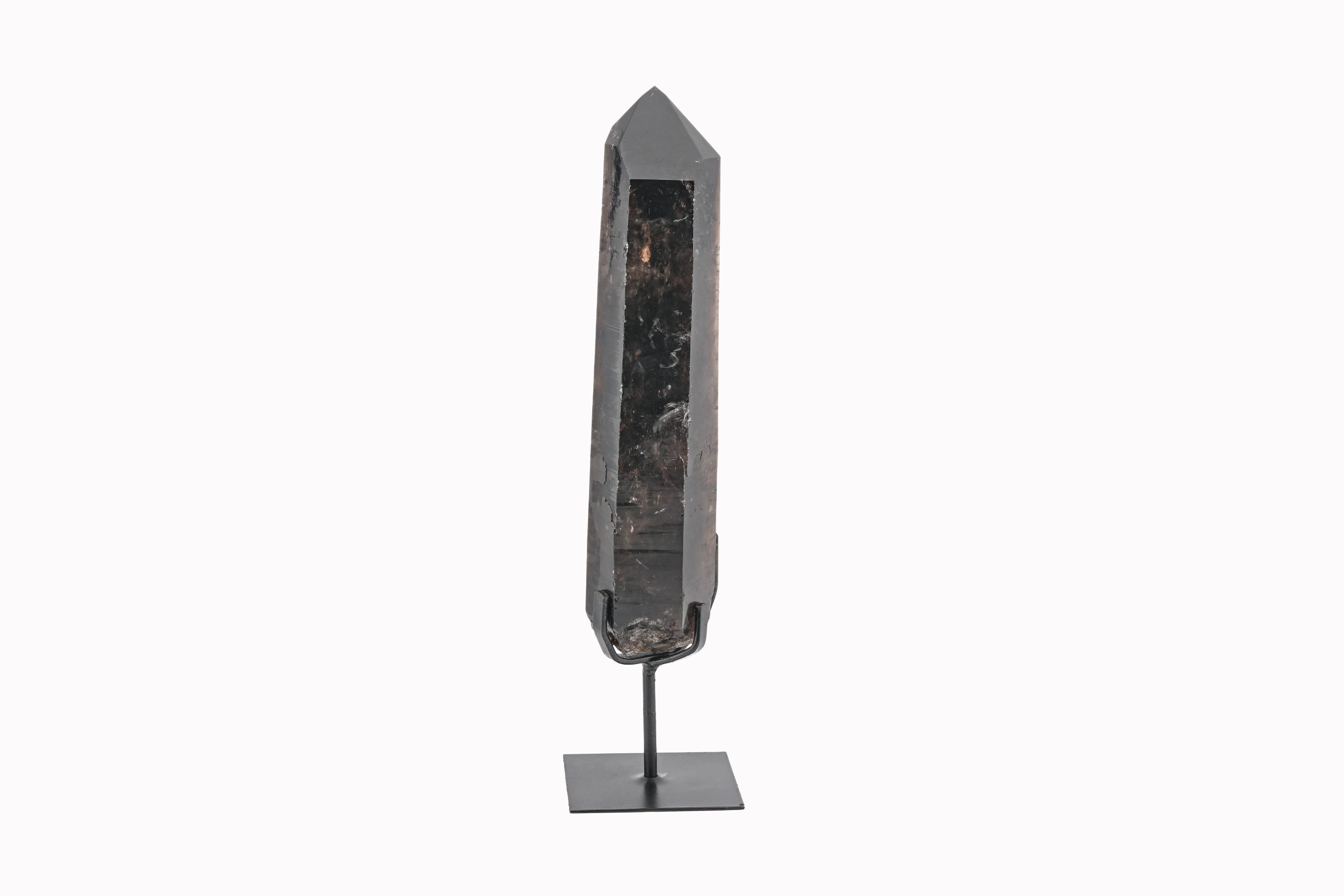 SQ-S-11-SMOKY-QUARTZ-POINT-ON-IRON-STAND-BROWN-MINAS-GERAIS-BRAZIL-PARTIALLY-POLISHED-FRONT-BAREFOOT-NATIVE.jpg Smoky Quartz Crystal Point On Custom Black Iron Stand From Minas Gerais, Brazil - Image 1