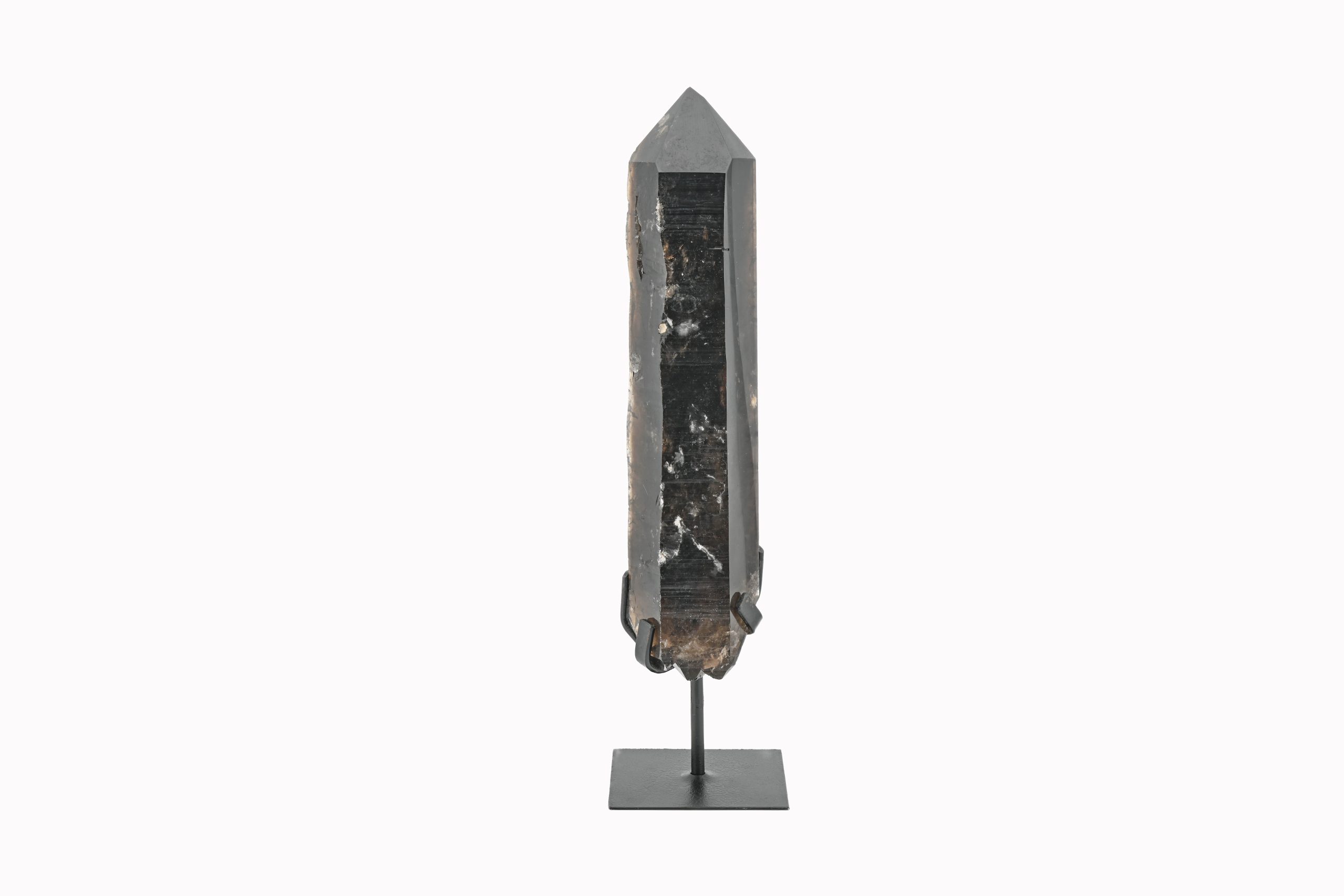 SQ-S-13-SMOKY-QUARTZ-POINT-ON-IRON-STAND-BROWN-MINAS-GERAIS-BRAZIL-PARTIALLY-POLISHED-FRONT-BAREFOOT-NATIVE.jpg Smoky Quartz Crystal Point On Custom Black Iron Stand From Minas Gerais, Brazil - Image 1