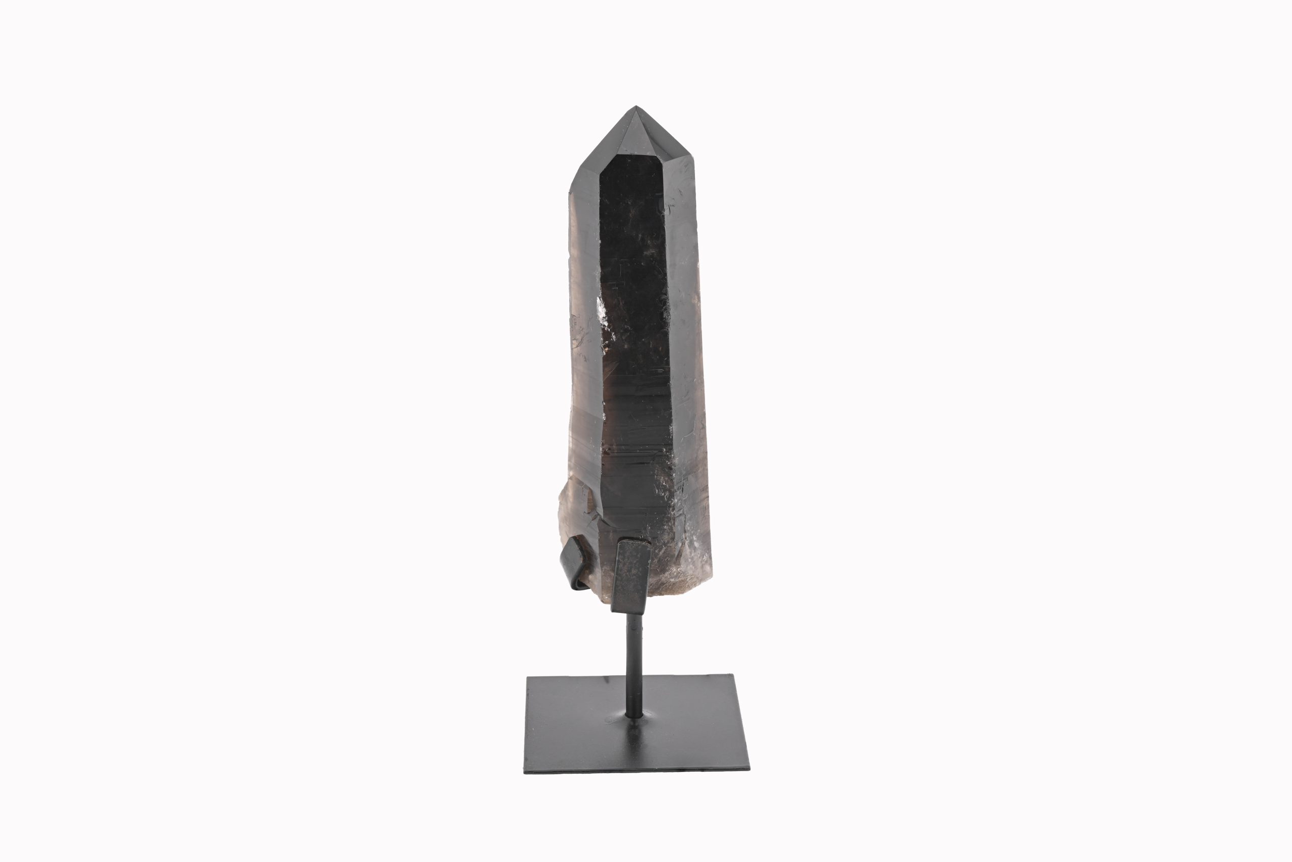 SQ-S-35-SMOKY-QUARTZ-POINT-ON-IRON-STAND-BROWN-MINAS-GERAIS-BRAZIL-RAW-FRONT-BAREFOOT-NATIVE.jpg Smoky Quartz Crystal Double Point On Custom Black Iron Stand From Minas Gerais, Brazil - Image 1