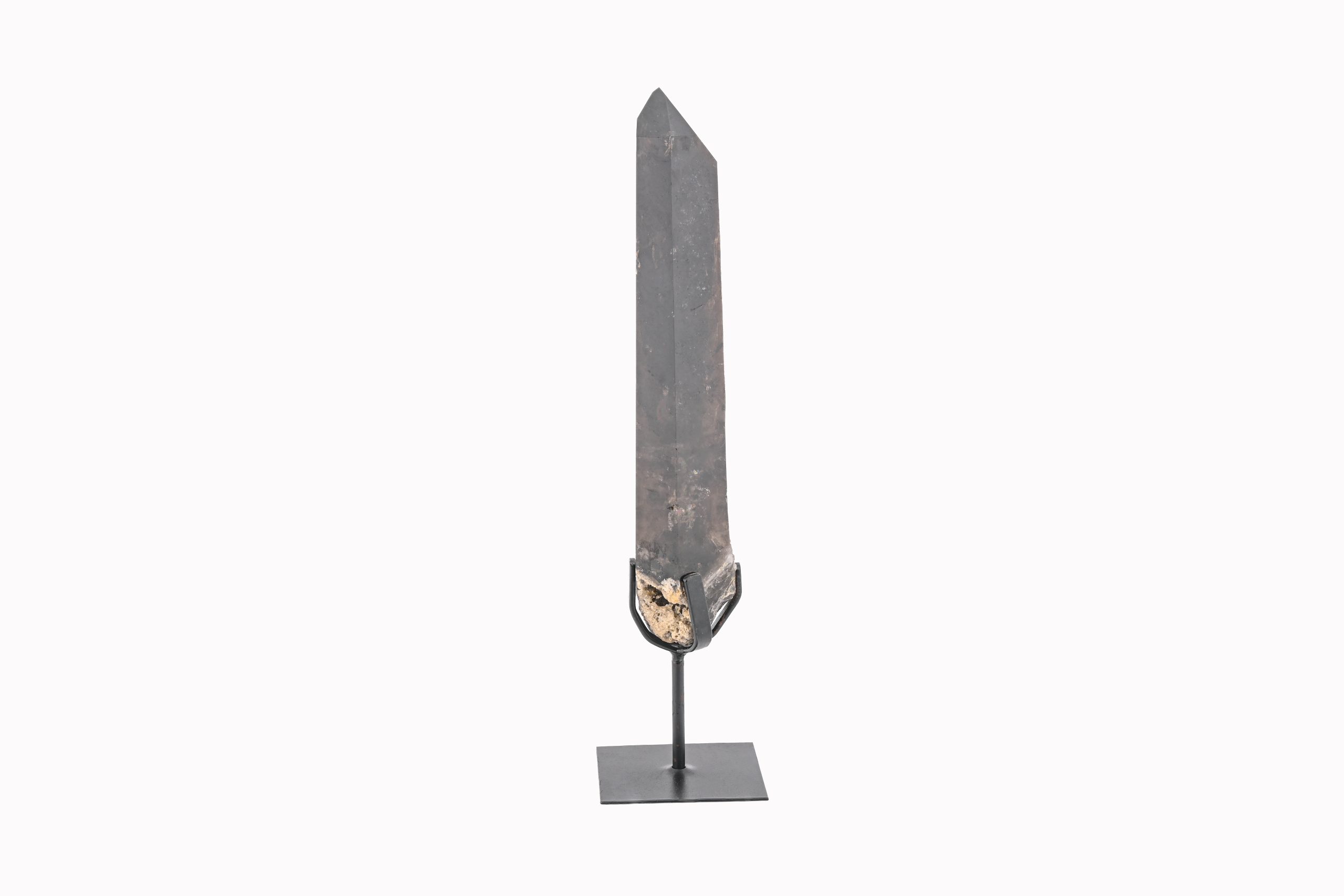SQ-S-9-SMOKY-QUARTZ-POINT-ON-IRON-STAND-BROWN-MINAS-GERAIS-BRAZIL-PARTIALLY-POLISHED-FRONT-BAREFOOT-NATIVE.jpg Smoky Quartz Crystal Point On Custom Black Iron Stand From Minas Gerais, Brazil - Image 1
