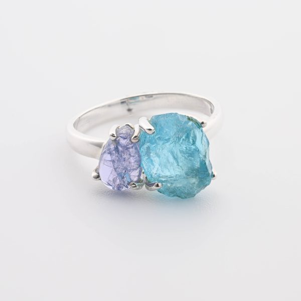 Double Stone Polished Tanzanite (Tanzania) & Rough Blue Apatite (Madagascar) On 0.925 Sterling Silver Ring Size - 8.75