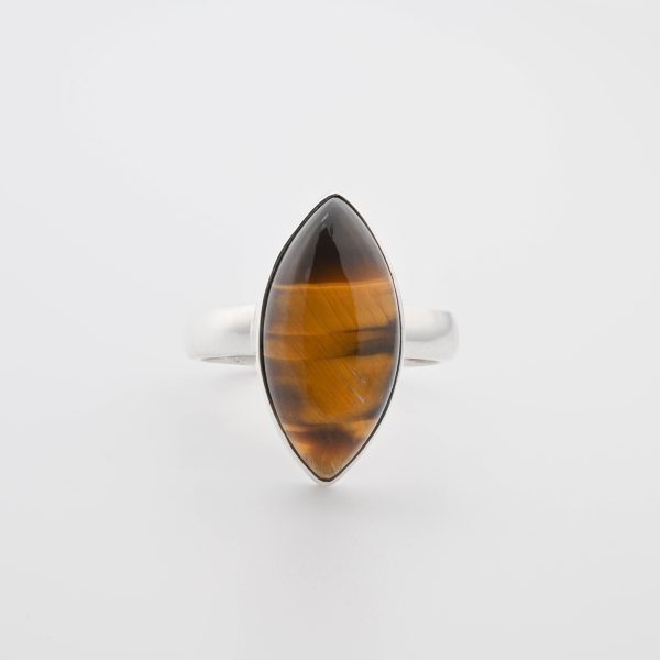 Tiger'S Eye (Africa) Large Polished Marquise Stone On 0.925 Sterling Silver Ring Size - 7.75