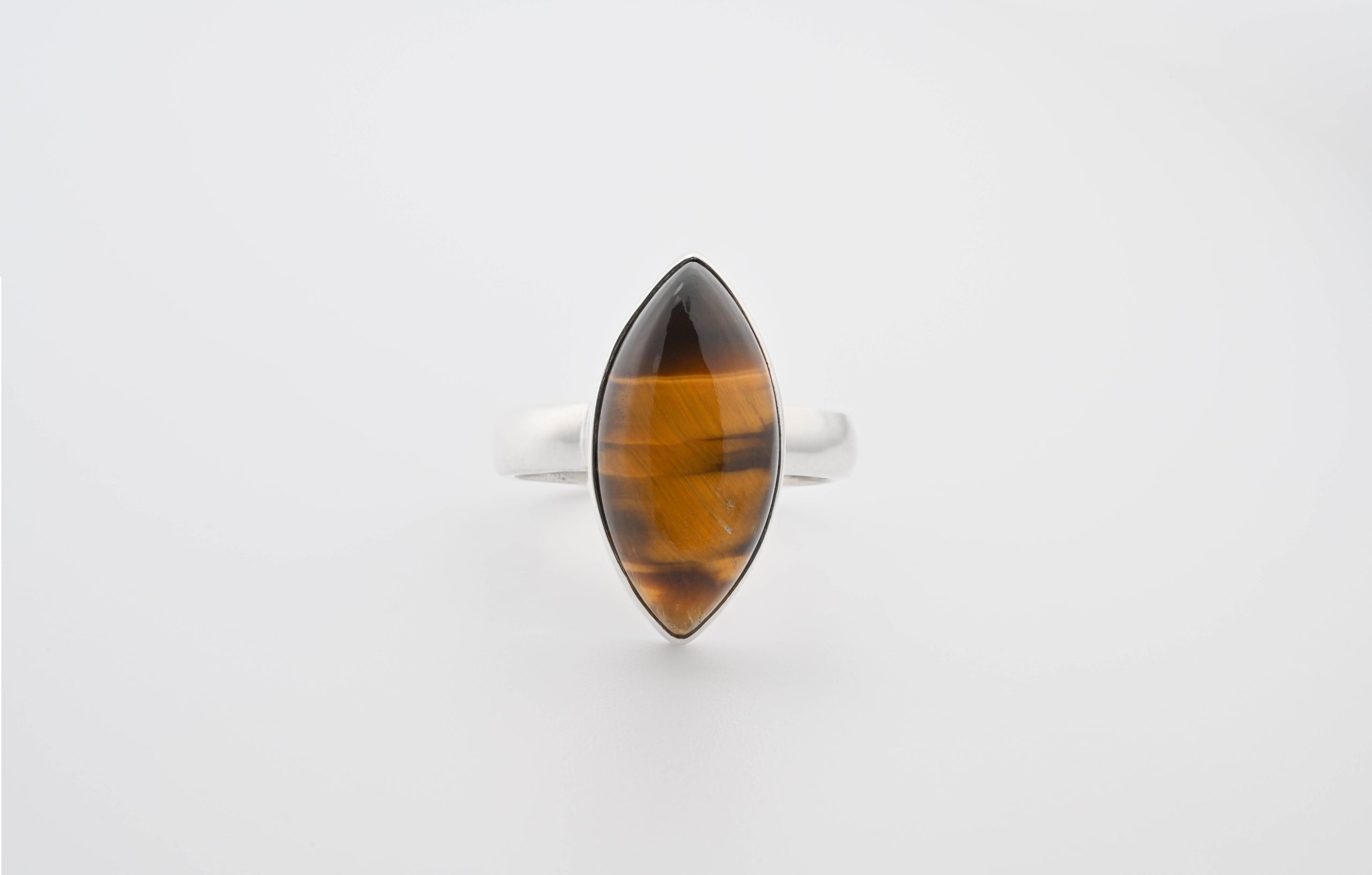 TE-PMR-7.75-TIGER-EYE-RING-MARQUISE-SIZE-7.75-BROWN-BRAZIL-POLISHED-FRONT-BAREFOOT-NATIVE.jpg Tiger'S Eye (Africa) Large Polished Marquise Stone On 0.925 Sterling Silver Ring Size - 7.75 - Image 1