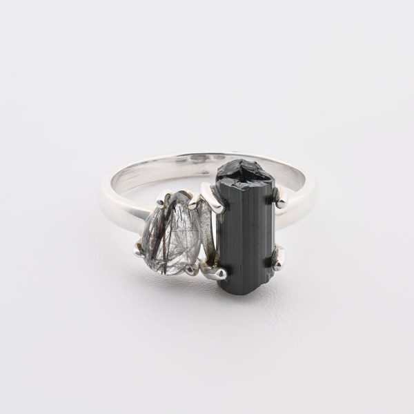 Double Stone Polished Tourmalinated Quartz (Sri Lanka) & Rough Schlor (Brazil) On 0.925 Sterling Silver Ring Size - 7