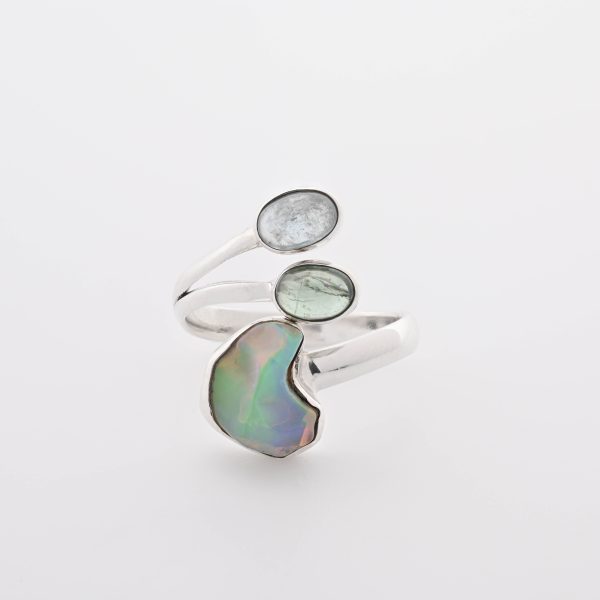 Blue & Green Kyanite (Brazil) Polished & Welo Opal (Ethiopia) Rough Stones On .925 Ss Adjustable Ring Size 8