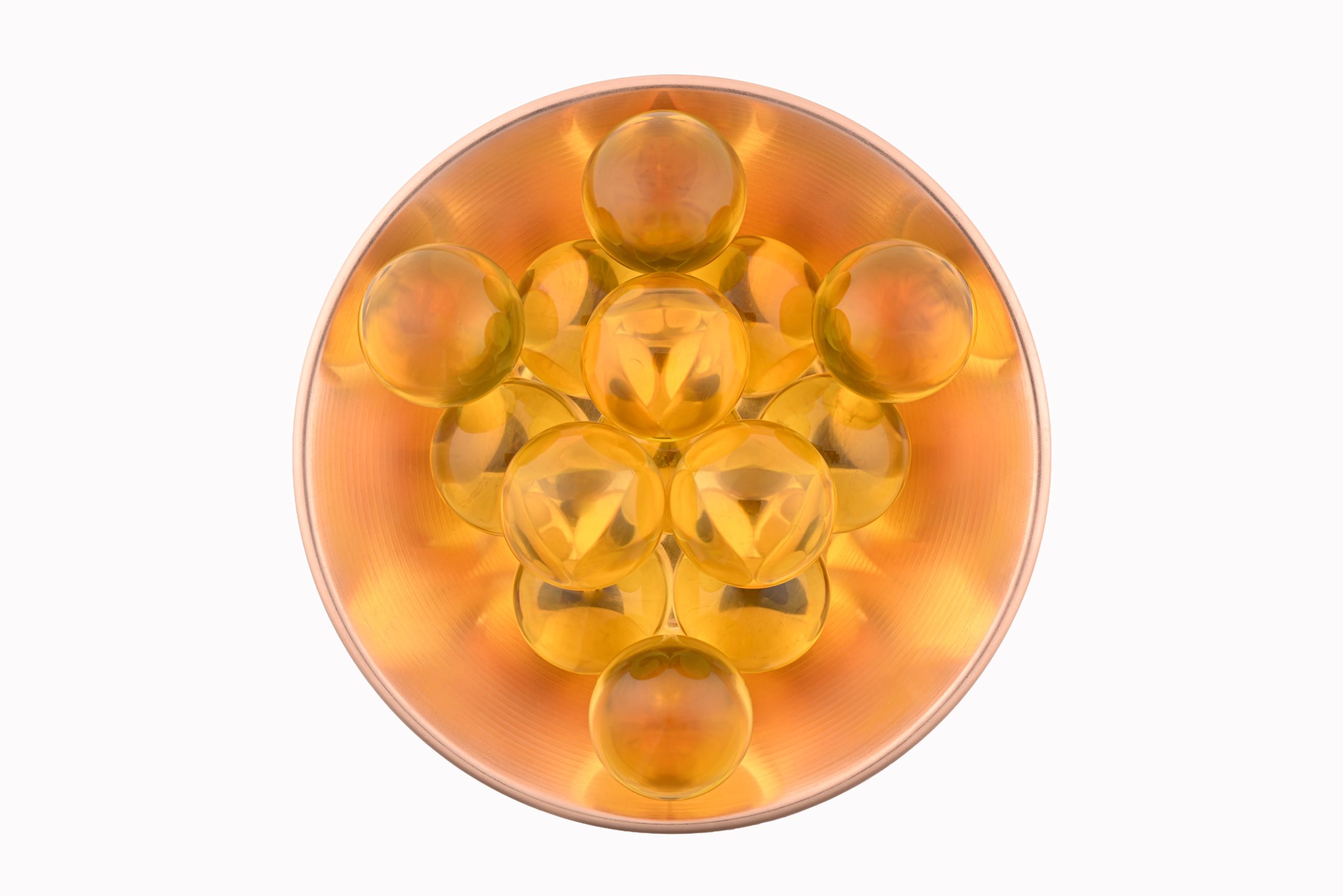 YGS-GLASS-SPHERE-YELLOW-CHINA-POLISHED-IN-COPPER-BOWL-BAREFOOT-NATIVE.jpg Glass Polished Sphere From China Yellow Glass Polished 39Mm Sphere From China - Image 1